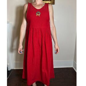 Vintage Laura Gayle Petite 100% Cotton Red Corderoy Christmas Midi Dress Size 4